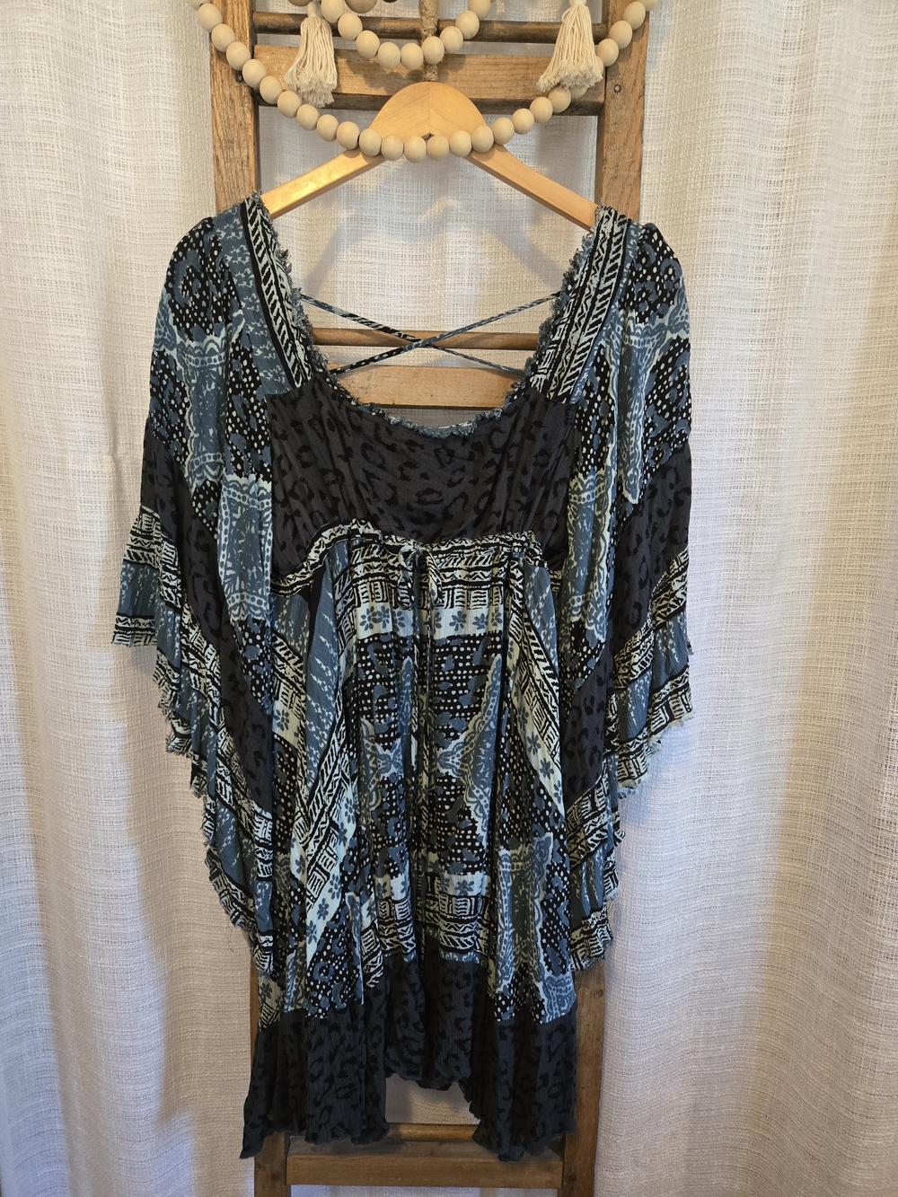 Free People Blue and Black Printed Crisscross Back Tunic